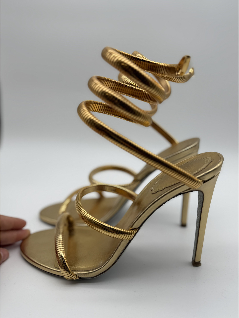 Rene Caovilla Gold Snake Spiral-Wrap Stiletto Heel, Size 38 - Picture 8 of 16